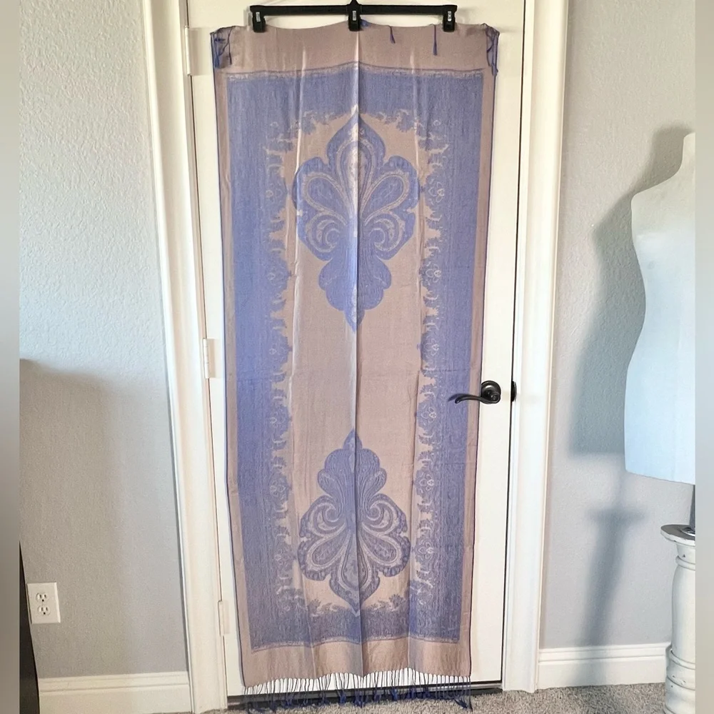 Vintage Blue Gold Paisley Pashmina Wrap Scarf Jacquard Shawl Fall Travel